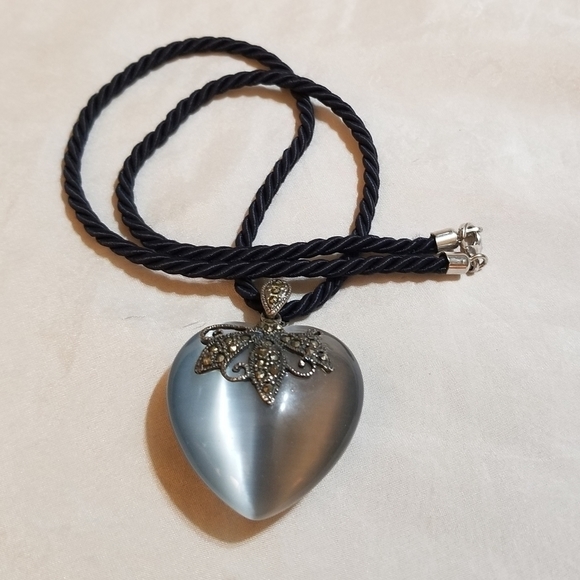 VTG Blue Cats Eye Quartz Marcasite Sterling Necklace - Picture 4 of 6